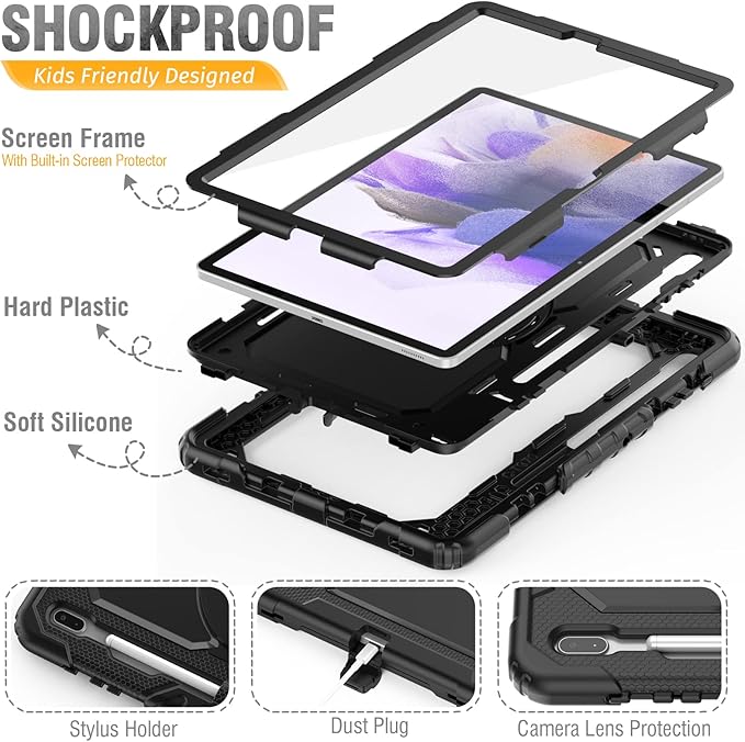 HXCASEAC Case for Samsung Galaxy Tab S7 FE 5G 12.4 inch, Protective with Screen Protector/Hand Strap/S Pen Holder, Heavy Duty Design for Samsung Galaxy S7 FE Tablet Case - Black