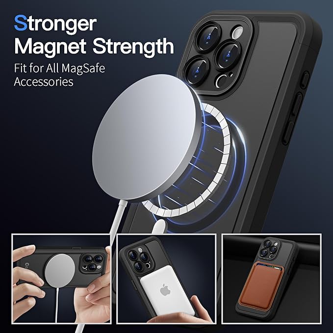 COOLQO Magnetic for iPhone 15 Pro Max Case, Compatible with MagSafe, Dual Layer Design Military Grade Protection, Translucent Matte Scratch-Resistant Back Protective Shockproof Phone Case, Black