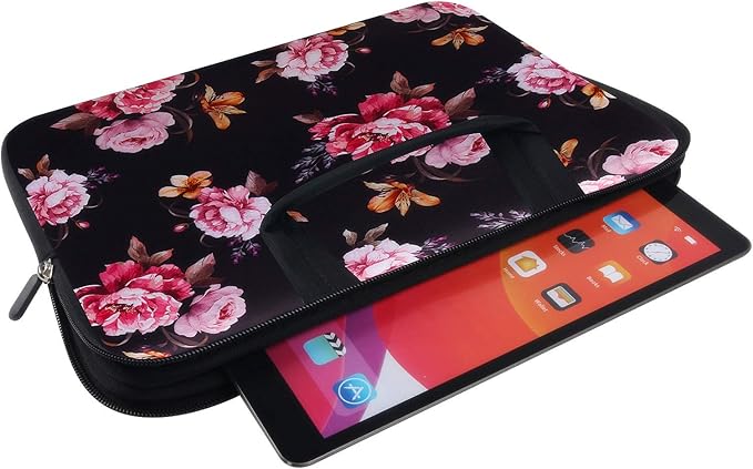 Violet Mist 11 11.6 12 Inch Laptop Sleeve Funny Floral Pattern Laptop Carrying Bag Case with Handle Cute Protective Neoprene Notebook Tablet Computer Travel Cover Pouch Briefcase, Black Peony