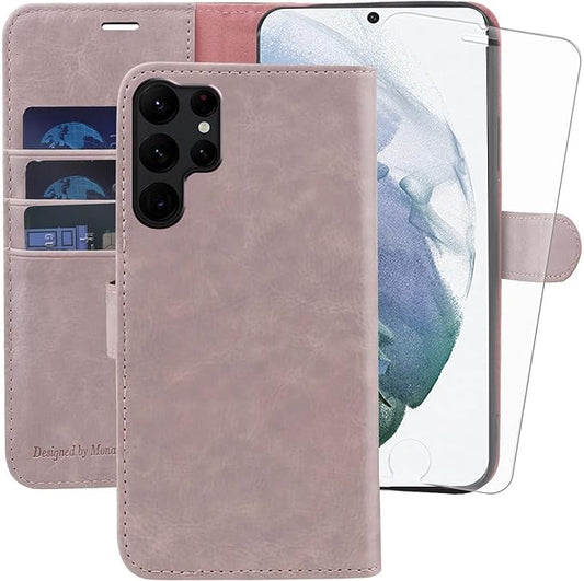 MONASAY Wallet Case Compatible for Galaxy S23 Ultra 5G,[RFID Blocking] Flip Folio Leather Cell Phone Cover with Credit Card Holder, 6.8 inch, Pinksand