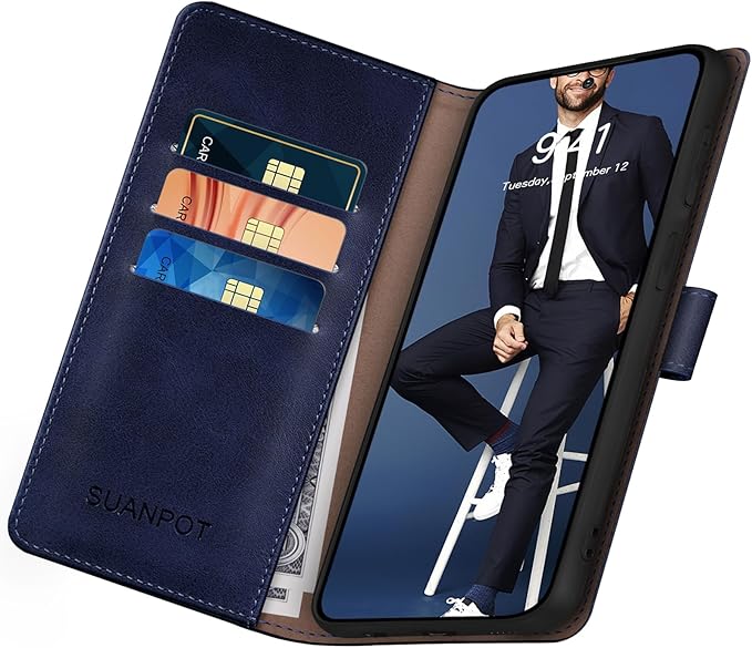 SUANPOT Compatible with Samsung Galaxy S25 Ultra Wallet case with RFID Blocking Credit Card Holder,Flip Book PU Leather Protective Cover Women Men for Samsung S25 Ultra Phone case Blue