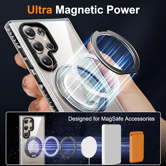 for Samsung Galaxy S24 Ultra Case,Compatible with Magsafe,with 360°Rotatable Magnetic Ring Stand [Wireless Charging], Clear Slim Soft Edge Phone Kickstand,Clear & Black