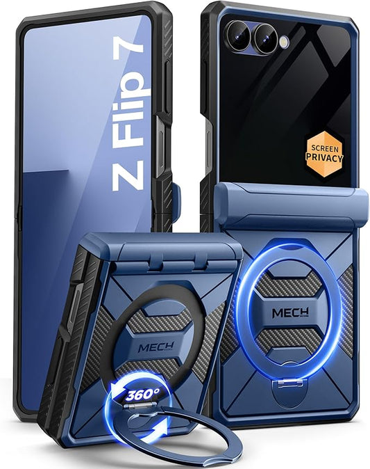 TONGATE 360° Spin Magnetic Stand for Z Flip 7 Case with Privacy Screen Protector, [Compatible with Magsafe] [Anti Spy] Full-Body Shockproof Samsung Galaxy Z Flip 7 Case with Hinge Protection, Blue