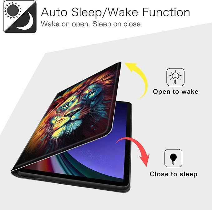 Case for Samsung Galaxy Tab S10 FE/ S9 FE 5G 10.9 Inch/Tab S9 11 Inch, Slim PU Leather Stand Cover with Auto Wake/Sleep, Multi-Angle Viewing & Shockproof, Lion with Glasses