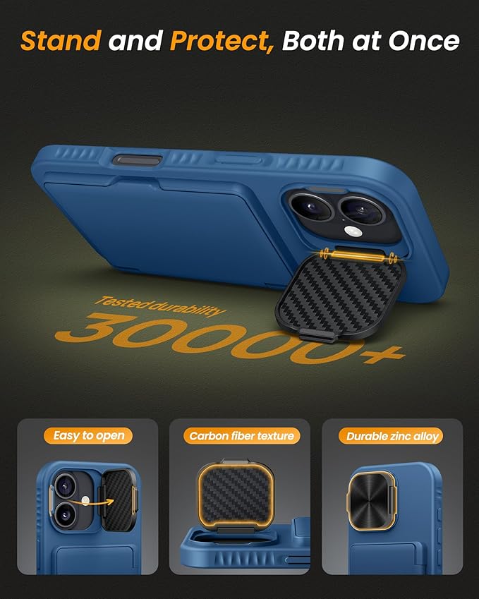 for iPhone 17 Case with Card Holder, Built-in Stand & Camera Lens Cover, Shockproof Rugged Silicone Bumper Raised Edge Protective Wallet Phone Case for iPhone 17 6.3" 2025, Blue