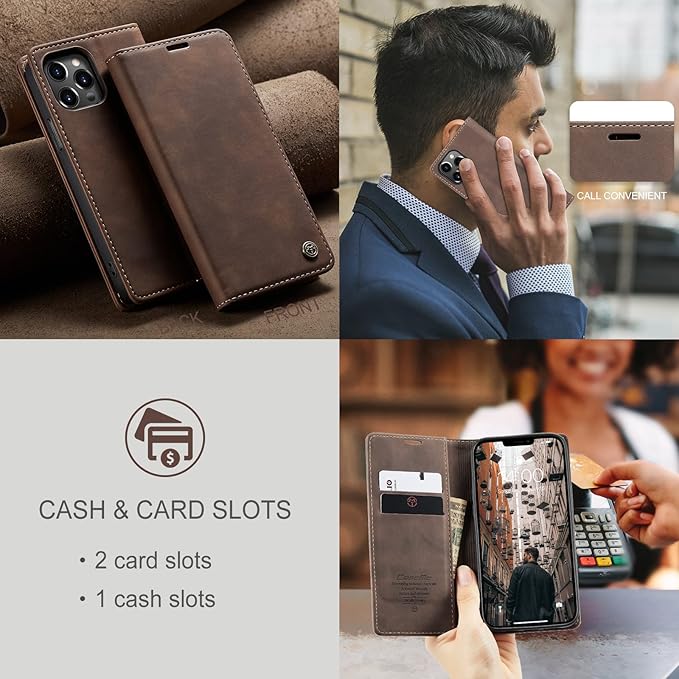 for iPhone 13 Pro Max Case, Flip Wallet Leather Case with Card Holder Magnetic Closure Shockproof Kickstand Protective Phone Cases Cover for iPhone 13 Pro Max, Coffee