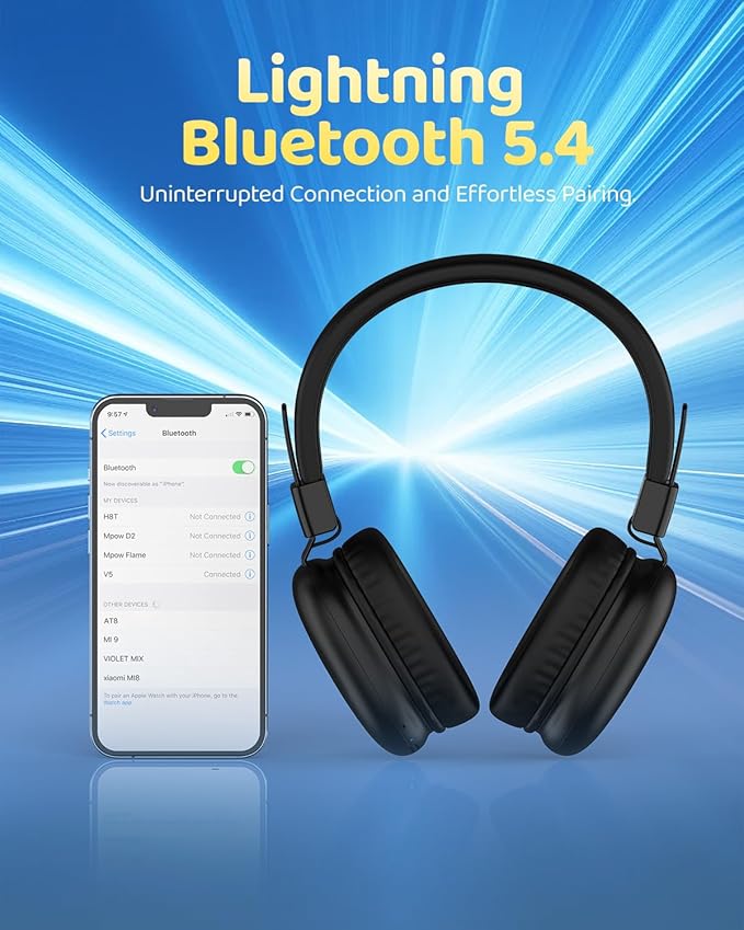 Kids Bluetooth Headphones, Over-Ear Wireless Headphones with Microphone, Safe-Volume 85dBA, Bluetooth 5.4, Foldable Lightweight and Comfortable, 50H Playtime, USB-C Charging, Black