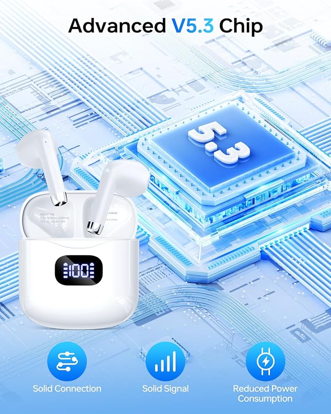 Wireless Earbuds Bluetooth 5.3 Headphones, 40Hrs Playback Stereo Ear Buds with LED Display Charging Case IPX7 Waterproof in-Ear Earphones with Mic for Phone Tablet Laptop Sports, White