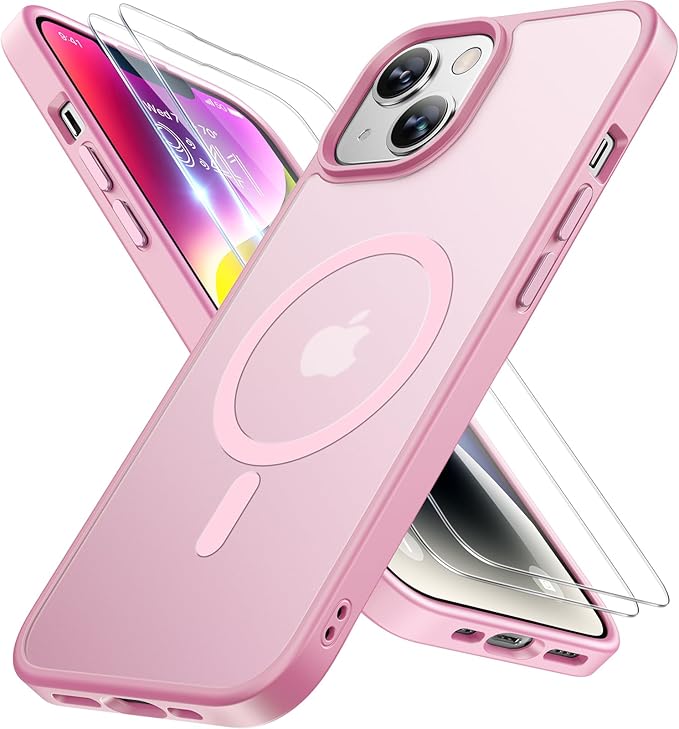 Miracase for iPhone 14 Case [MagSafe Compatible] [2× 9H Tempered Glass] 12FT Military-Grade Drop Protection, Slim Translucent Matte, Anti-Fingerprint, Shockproof with Metal Buttons, Mes-Pink