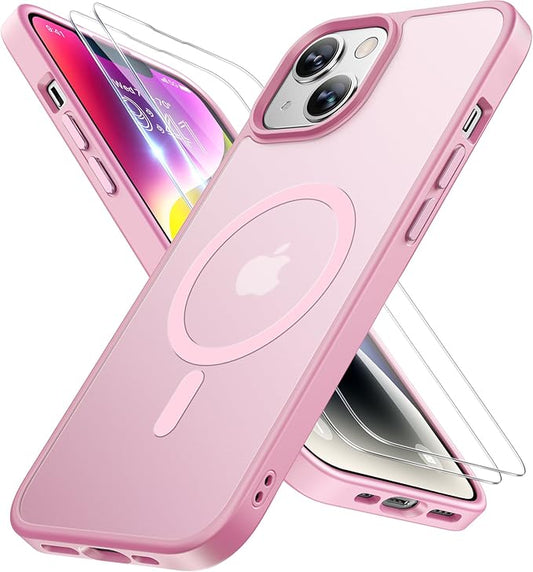 Miracase for iPhone 14 Case [MagSafe Compatible] [2× 9H Tempered Glass] 12FT Military-Grade Drop Protection, Slim Translucent Matte, Anti-Fingerprint, Shockproof with Metal Buttons, Mes-Pink
