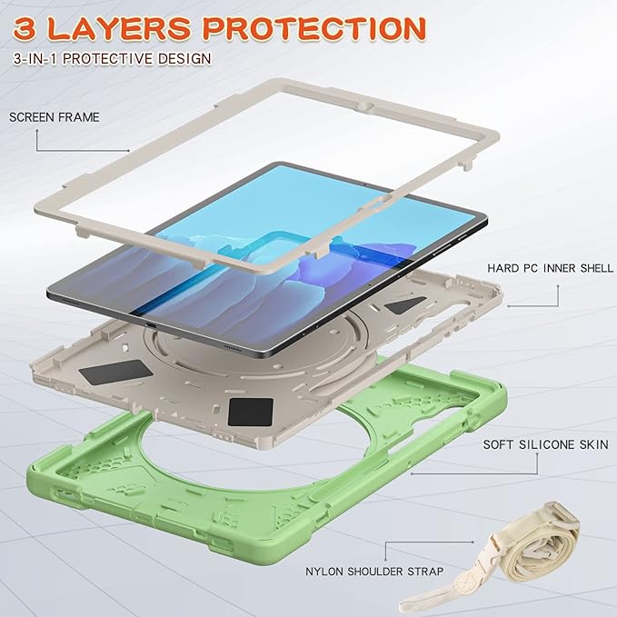 360 Rotation Portable Case for Galaxy Tab S8+/S7 FE/S7+ 12.4 Inch Case with S Pen Holder Rugged Case Rotating Stand Hand Strap Shoulder Carrying Strap Outdoor Cover (LightGreen)