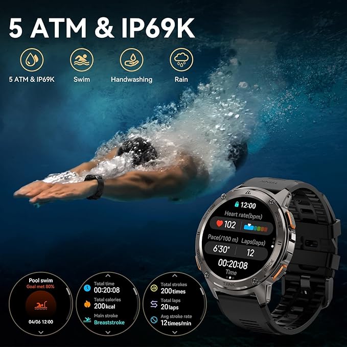 AMAZTIM Smart Watches for Men,60 Days Extra-Long Battery, Rugged Military Bluetooth Call(Answer/Dial Calls),1.43" Ultra HD AMOLED Display,Full Metal Body SmartWatch Compatible iPhone and Android