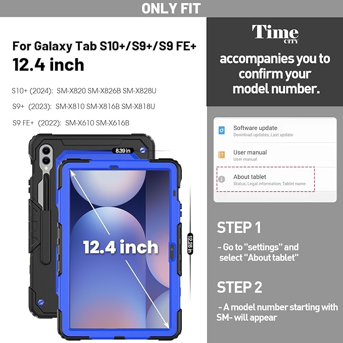 Timecity Case for Samsung Galaxy Tab S10 Plus/ S9 FE Plus/ S9 Plus 5G Tablet 12.4'' Case - Heavy Duty Protective Cover with Screen Protector, Stand, Shoulder Strap & S Pen Holder, Kids-Friendly, Blue