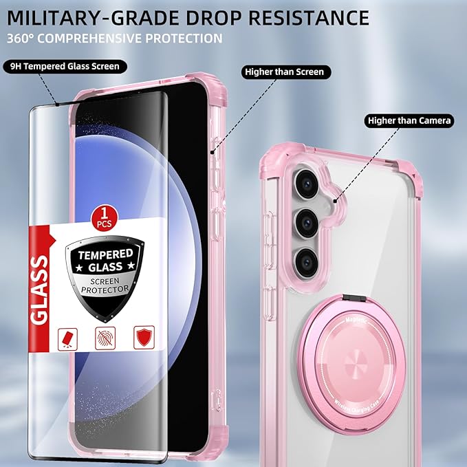 for Samsung Galaxy S23 FE Case Magnetic Compatible with MagSafe,with 2 Screen Protector,Built-in Camera Cover+Stand Ring,Military Grade Drop Shockproof Heavy Duty Protection Phone Bumper Pink
