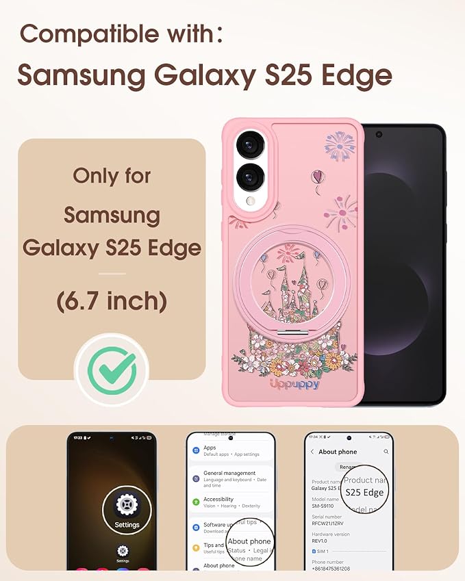for Samsung Galaxy S25 Edge Case with 360° Rotatable Magnetic Ring - Compatible with MagSafe, Semi-Transparent Soft-Touch Material Shockproof, Cute Pink Castle Design for Women Girl