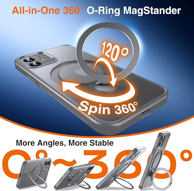 360° O-Ring MagStander for iPhone 12 Case, iPhone 12 Pro Case with Magnetic Stand Ring Holder [Compatible with MagSafe] [Military Shockproof] Kickstand iPhone 12/12 Pro Phone Cover Grey