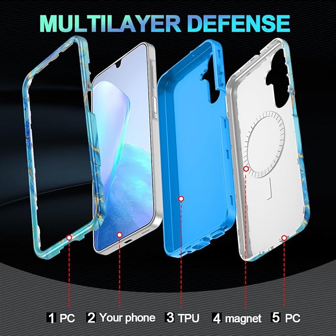 Casetego for Galaxy A16 5G Case,Compatible with MagSafe,[Military Grade Drop Test] Full Body Protection Slim Shockproof Rugged Marble Women Case for Samsung Galaxy A16 5G 6.7 inch,Light Blue