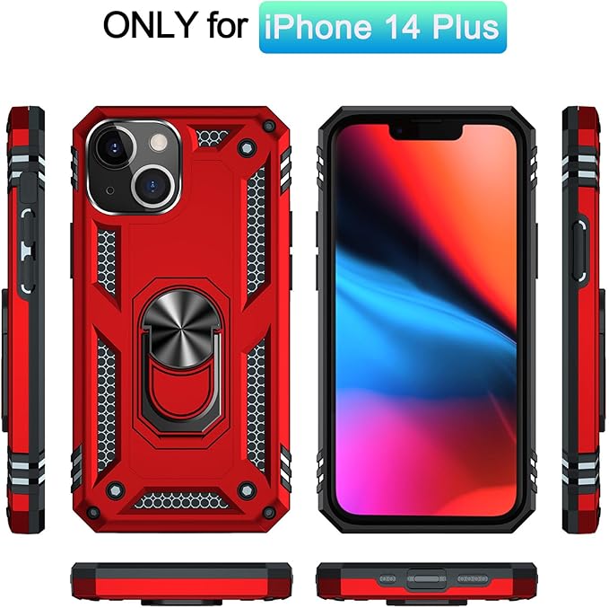 ADDIT Phone Case for iPhone 14 Plus Case,with Kickstand Ring,Adjustable Stand,Military Grade,Heavy Duty Protection,Shockproof,Anti-Fingerprint,Support Magnet Car Mount,Red