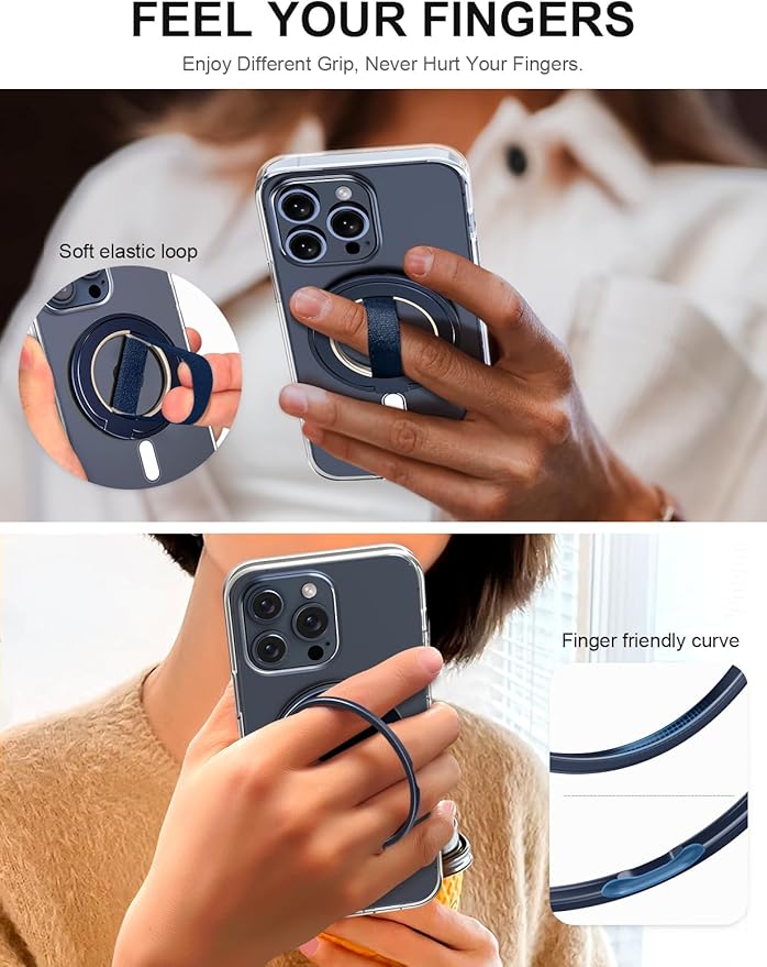 EWA MagOne Ultra for Magsafe Phone Grip Kickstand [Replaceable Elastic Finger Loop], Mag Safe Ring Holder Stand, Two-Sided Magnetic Phone Accessories for iPhone 17,16,15,14,13,12 Pro/Max/Plus-Blue