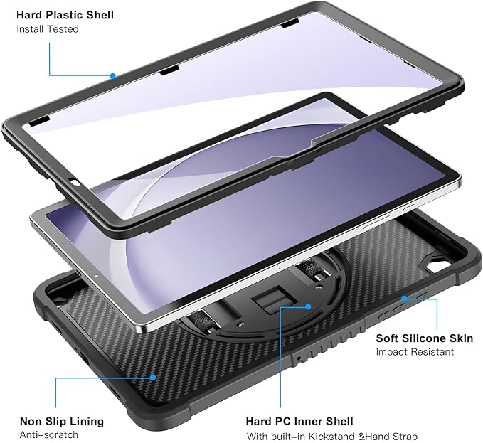 ZtotopCases for Samsung Galaxy Tab A9+ / a9 Plus 11'' 2023 (SM-X210/X216/X218), Shockproof Hard Duty Case with Screen Protector+360 Rotating Hand Strap&Stand+Shoulder Strap for Tab A9+ Tablet, Black