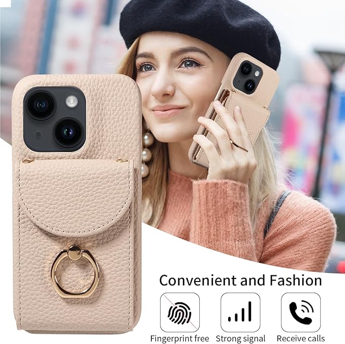 for iPhone 14 6.1 inch Organ Wallet Case with Tempered Glass Screen Ring Buckle Shoulder Strap PU Leather Flip Purse Card Holder Stand Phone Cover for iPhone14 5G i i-Phone i14 14Case White