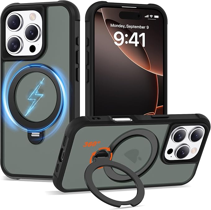 Compatible with iPhone 16 Pro Case with Invisible Magnetic 360°Spin Stand,Military-Grade Shockproof Protection [Compatible with Mag-Safe] Non-Slip Edge Translucent Case (6.3",Black)
