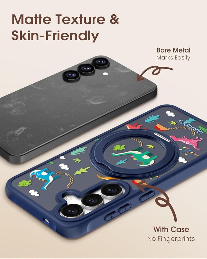 for Samsung Galaxy S25 Case with 360° Rotatable Magnetic Ring - Compatible with MagSafe, Semi-Transparent Anti-Fingerprint Soft-Touch Material Shockproof, Cute Dinosaur Design for Women Girl