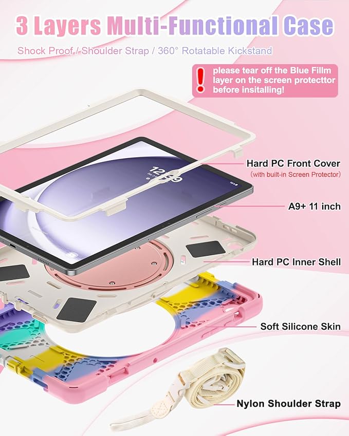 BRAECN Case for Samsung Galaxy Tab A9 Plus/ A9+ 11” 2023 (SM-X210/X216/X218), Heavy Duty Rugged Cover with Screen Protector, 360 Degree Rotating Stand, Stable Kickstand, Shoulder Strap, Colorful Pink