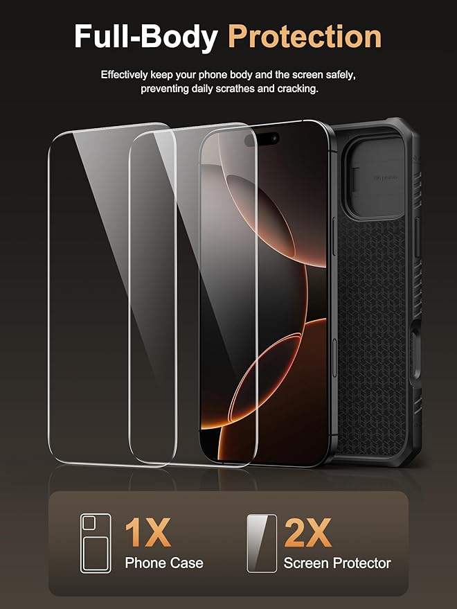 Vihibii for iPhone 16 Pro Max Case with [2X Screen Protector], Built-in Card Holder (4 Cards), [RFID Blocking] & Slide Camera Cover & Tempered Glass Films, Rugged Wallet Case for 16 Pro Max, Black