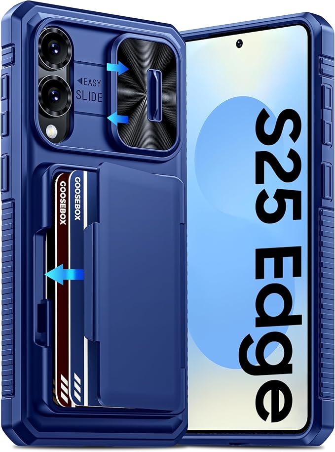 for Samsung Galaxy S25 Edge Case Wallet with RFID [Cards Holder][Camera Cover][Edge Raised] Full Body Shockproof Silicone Protective Phone Case for Galaxy S25 Edge 2025 (Blue)