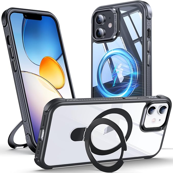 Anqrp O-Ring Magnetic Kickstand Clear Case for iPhone 12/12 Pro, Compatible with Mag-Safe, Military-Grade Reinforced 4-Corners Anti-Yellowing Transparent Phone Case Cover for iPhone 12/12 Pro, Black