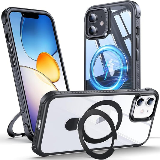 Anqrp O-Ring Magnetic Kickstand Clear Case for iPhone 12/12 Pro, Compatible with Mag-Safe, Military-Grade Reinforced 4-Corners Anti-Yellowing Transparent Phone Case Cover for iPhone 12/12 Pro, Black