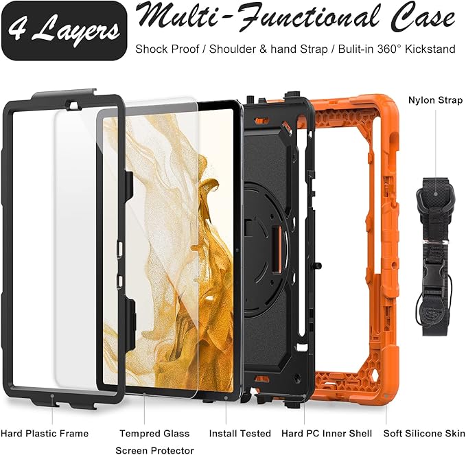Case for Samsung Galaxy Tab S8/S7 11-inch 5G Tablet Case 2022/2020, [with Tempered Glass Screen Protector], Rotating Kickstand, Hand & Shoulder Strap, S Pen Holder (Orange)
