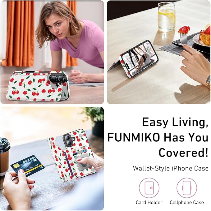 FUNMIKO for iPhone 16 Wallet Case with Card Holder, RFID-Blocking, Military-Grade Protection & UV-Printed Artwork, Magnetic Closure with Leather Kickstand - Juicy Cherries