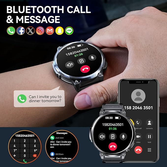 Military Smart Watch for Men 1.85” Big Screen Smart Watch, LED Flashlight/730mAh Battery/100+ Sports Modes Fitness Watch, Heart Rate Sleep Tracker Smartwatch for iOS Android (Black Stainless Steel)