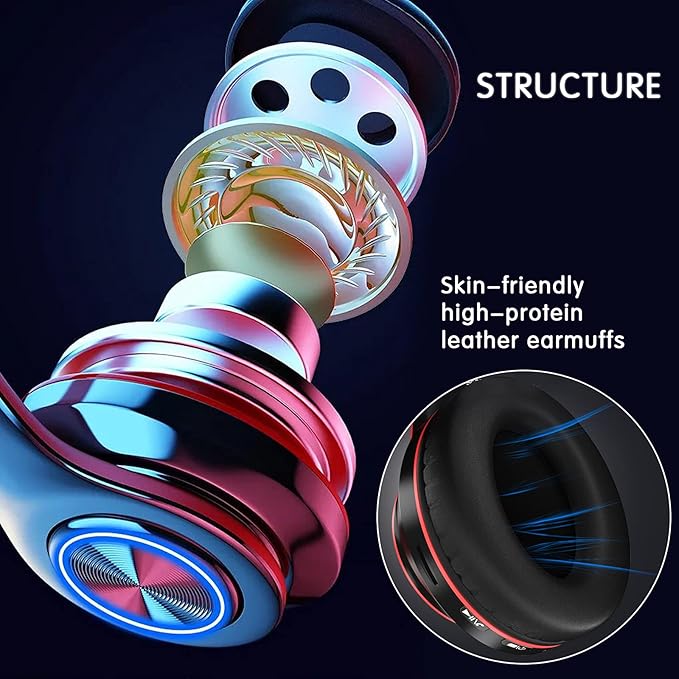 Bluetooth Over Ear Headphones, Colorful LED Lights Deep Bass Headphones with Microphone, Lightweight Wired and Wireless Foldable HiFi Stereo Headphones for Classroom/Home Office/Mobile Phone (Red)