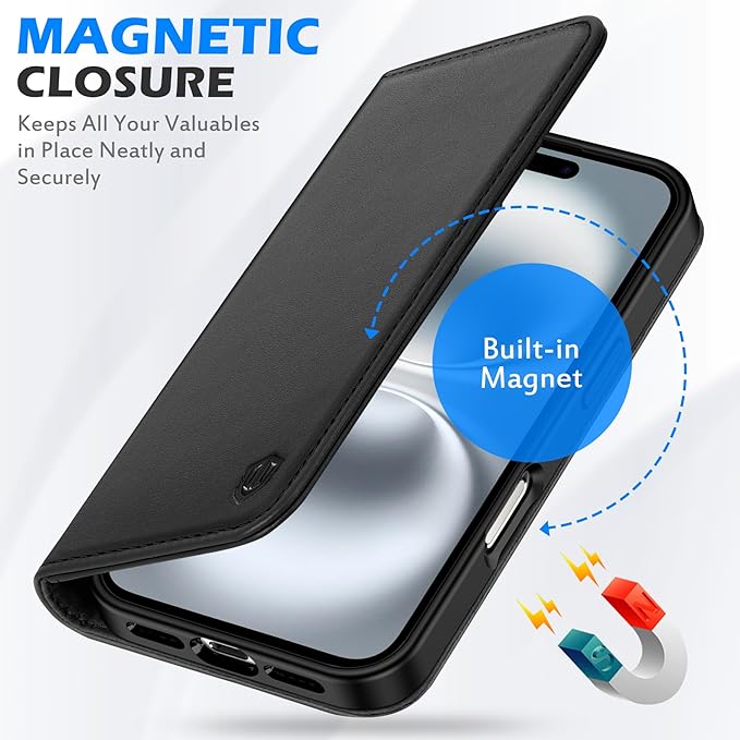 SHIELDON Wallet Case for iPhone 16 5G 2024, Genuine Leather RFID Blocking Credit Card Holder Folio Magnetic Kickstand Shock-Absorbent Protective Phone Case Compatible with iPhone 16 6.1" - Nappa Black