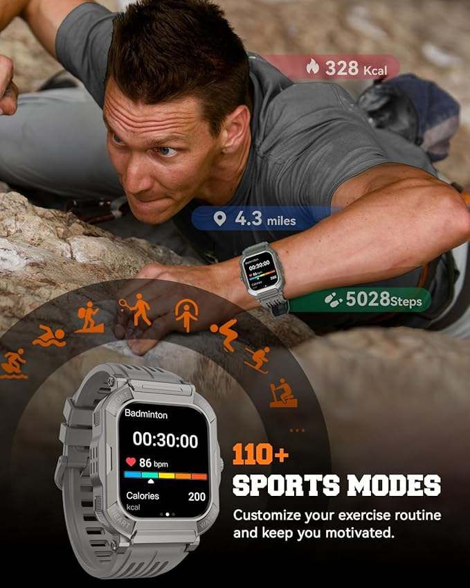 Military Smart Watches for Men (Answer/Make Calls),1.91'' Fitness Smart Watch for Android and iPhone,IP68 Waterproof Fitness Tracker with Step Counter/Sleep Monitor/110+ Sport Modes,Smartwatch for Men