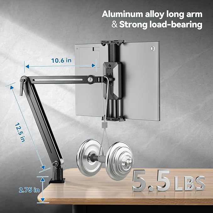 Portable Monitor Stand Desk Mount - Strong Bearing Weight Over 5.5lbs, Large Clamp Support up to 18.5 inch 360° Rotating Base Swivel Tall Desk Arm Holder for iPad Air/Pro/Mini