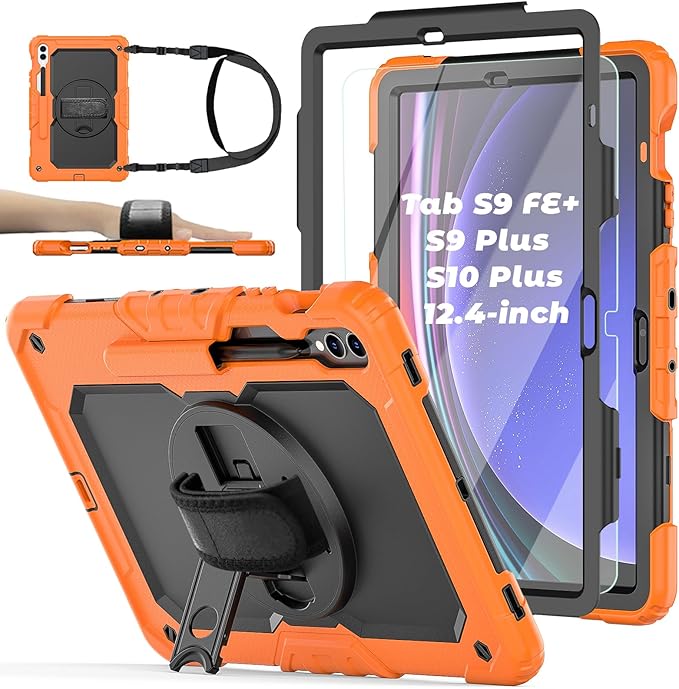 Tablet Case Compatible with Samsung Galaxy Tab S10 Plus 2024/S9 FE+/S9 Plus 5G Case 12.4-inch 2023,with Tempered Glass Screen Protector,Rotating Kickstand, Shoulder Strap (Orange)