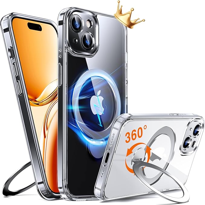 360° O-Ring MagStander for iPhone 15 Case with Magnetic Kickstand Ring Holder [Compatible with MagSafe][360°Rotate Stand Ring][Military Shockproof] iPhone 15 Phone Cover Clear