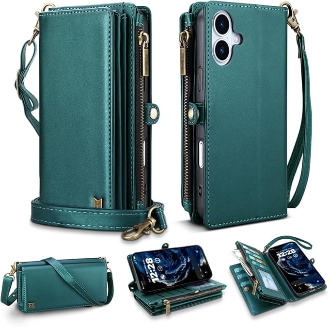for iPhone 17 Wallet Phone Case with 7 Card Holder,RFID Blocking | PU Leather | Kickstand | Flip | Wrist Strap&Shoulder Strap | Shockproof | Zipper Wallet | Women Men | 6.3" | Green