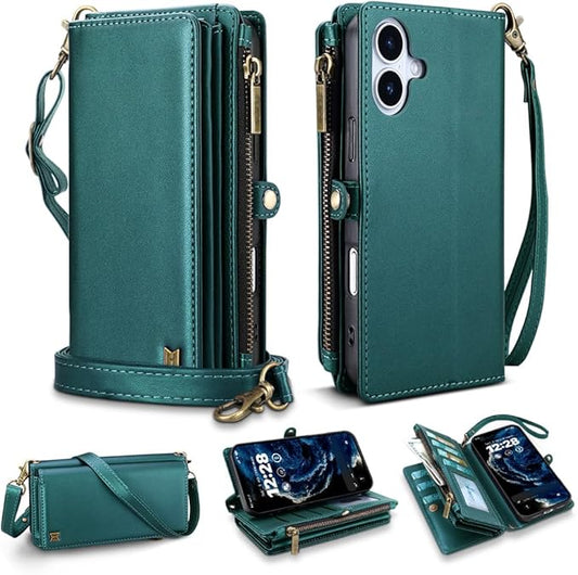 for iPhone 17 Wallet Phone Case with 7 Card Holder,RFID Blocking | PU Leather | Kickstand | Flip | Wrist Strap&Shoulder Strap | Shockproof | Zipper Wallet | Women Men | 6.3" | Green