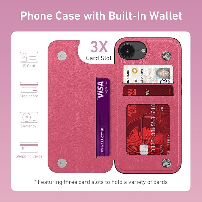 FUNMIKO for iPhone 16e Wallet Case with Card Holder, RFID-Blocking, Military-Grade Protection & UV-Printed Artwork, Magnetic Closure with Leather Kickstand - Hot Pink