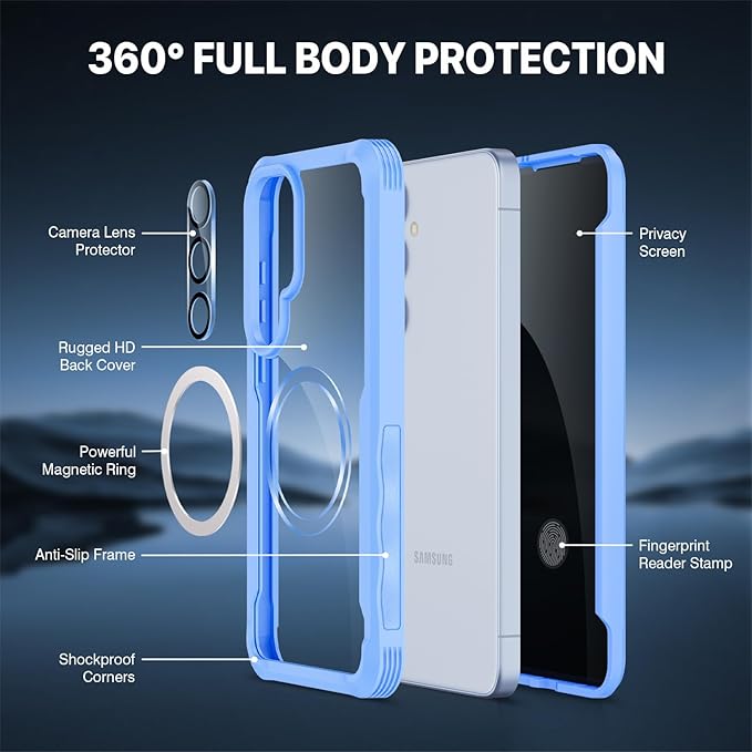 CENHUFO Magnetic Privacy for Samsung Galaxy S25 Plus Case, Full Body Phone Case with Built-in 9H Tempered Glass Privacy Screen Protector and Camera Lens Cover, Shockproof Bumper - Light Blue