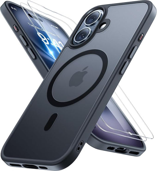 Miracase Magnetic for iPhone 16 Case [with 2X Screen Protectors] [Compatible with MagSafe] Slim Thin Phone Case Military-Grade Protected for iPhone 16 Cover Bumper, Black