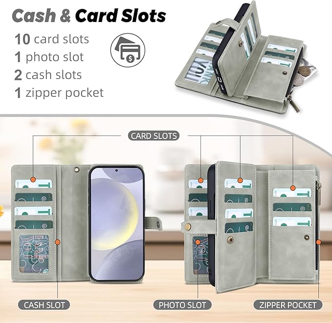 TwoHead for Samsung Galaxy S24 Plus Wallet Case with Card Holder,Detachable Magnetic Phone Case for Galaxy S24 Plus,PU Leather All-Round Protective Phone Cover Wallet with Strap(6.6 in,Gray)