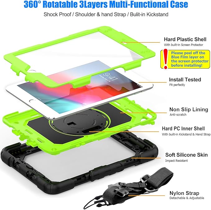 SEYMAC stock Case for iPad mini 5/4 with Screen Protector Pencil Holder [360 Rotating Hand Strap] & Stand, Drop-Proof Case for iPad mini 5th/4th Generation 7.9 inch (Green+Black)