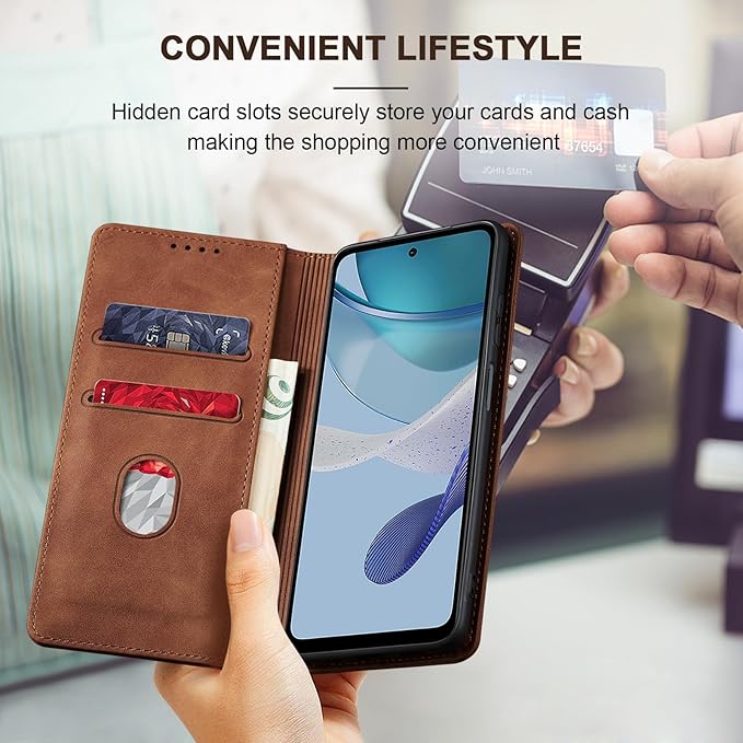 Jasonyu Flip Wallet Case for Moto G 5G (2023),Leather Magnetic Folio Cover with Card Holder,Kickstand - TPU Shockproof Durable Protective Phone Case,Brown