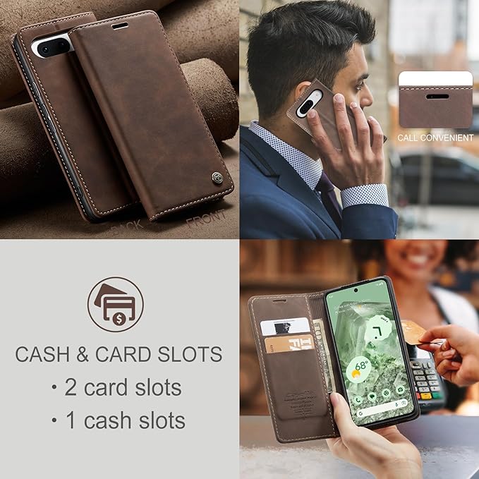 for Google Pixel 8A Case, Flip Wallet Leather Case with Card Holder Magnetic Closure Shockproof Kickstand Protective Phone Cases Cover for Pixel 8A, Coffee